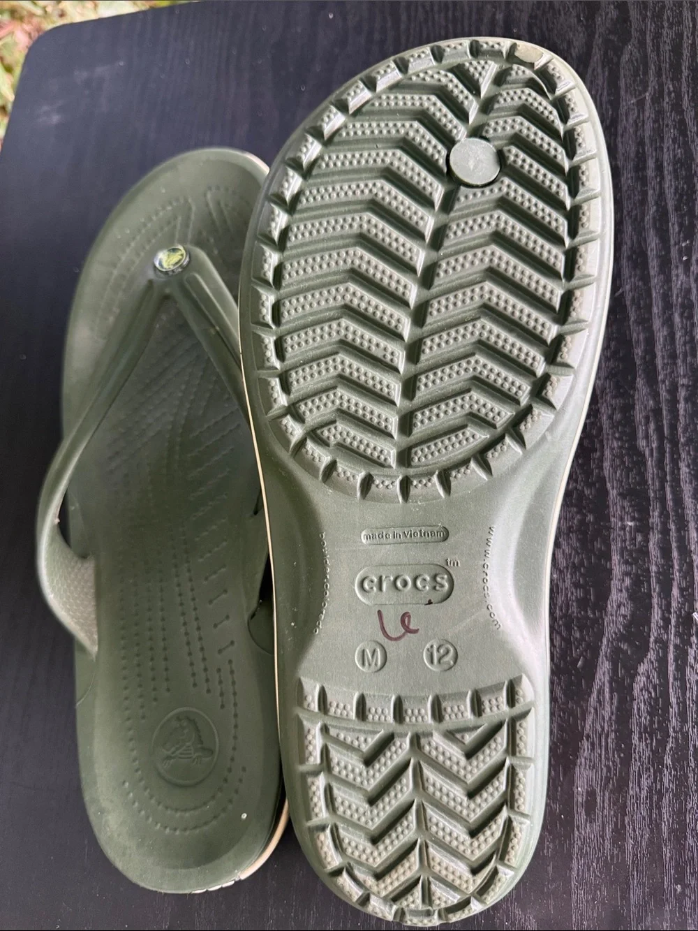 CROCS Olive Green Flip Flops with Tan Trim